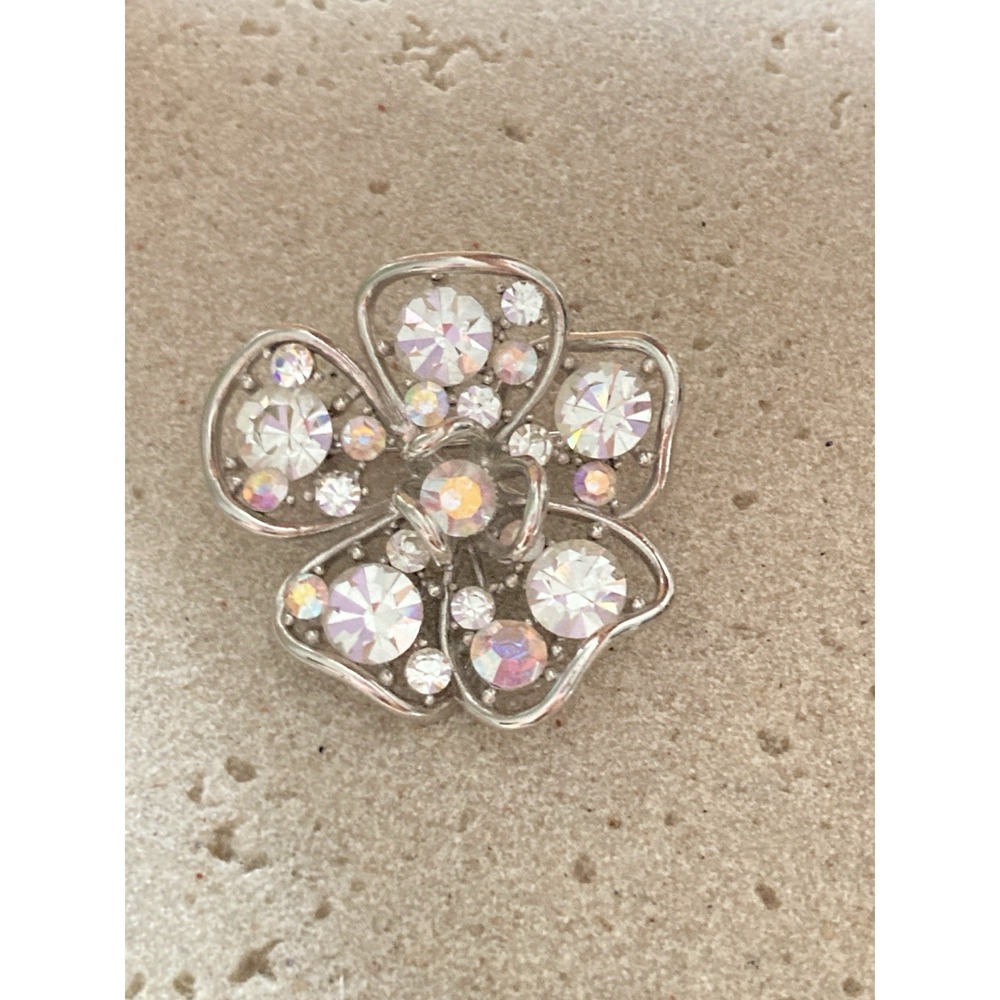 Silver Tone Flower Brooch Clear AB Rhinestone Floral Dimensional Abstract Metal